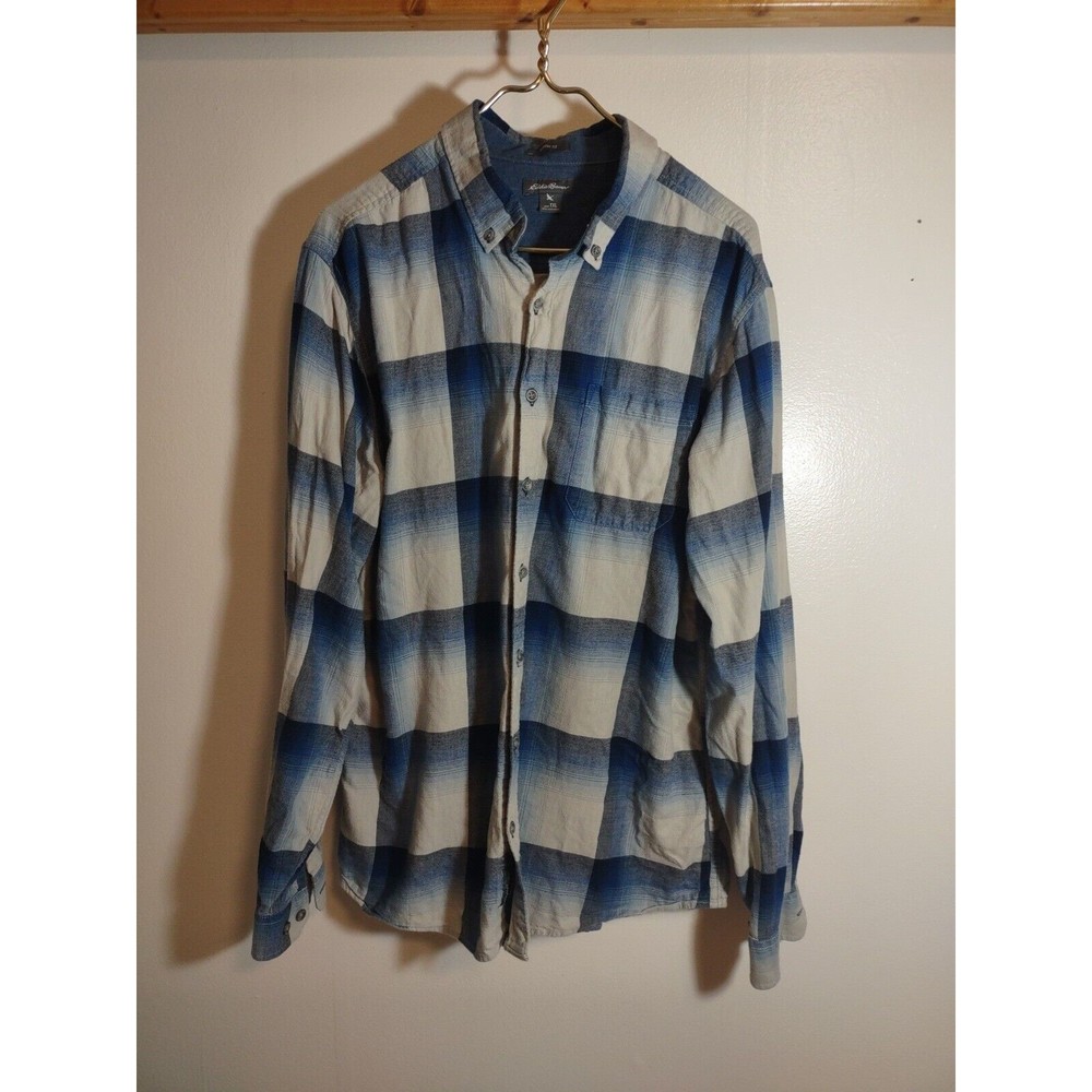 Eddie Bauer Men's T XL Blue Flannel Plaid Button Down Shirt
